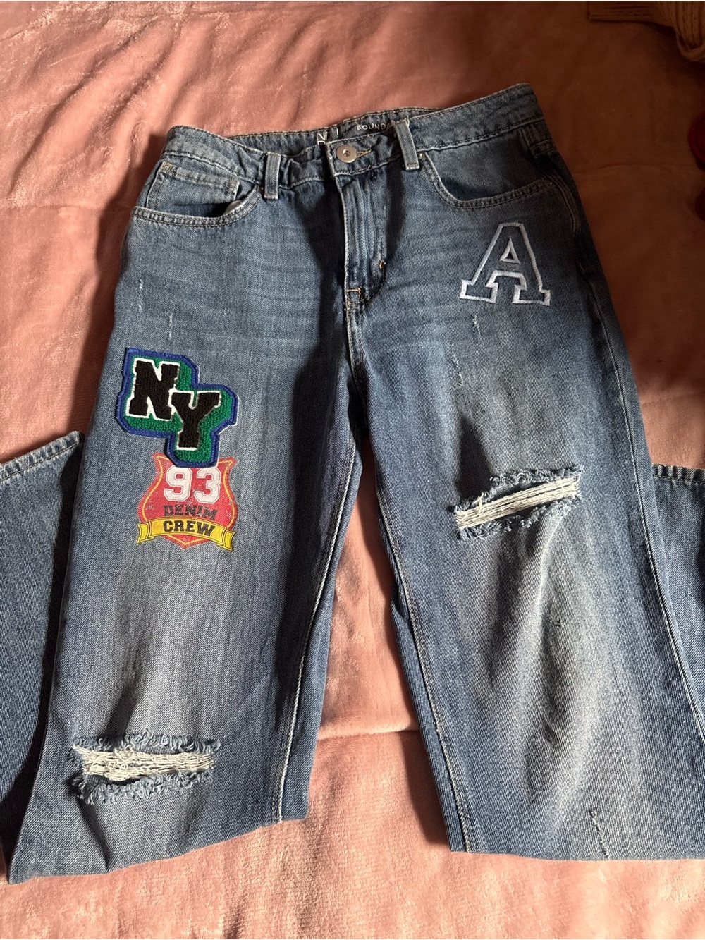 Patchwork Distressed Blue Jeans with NY 93 Patch